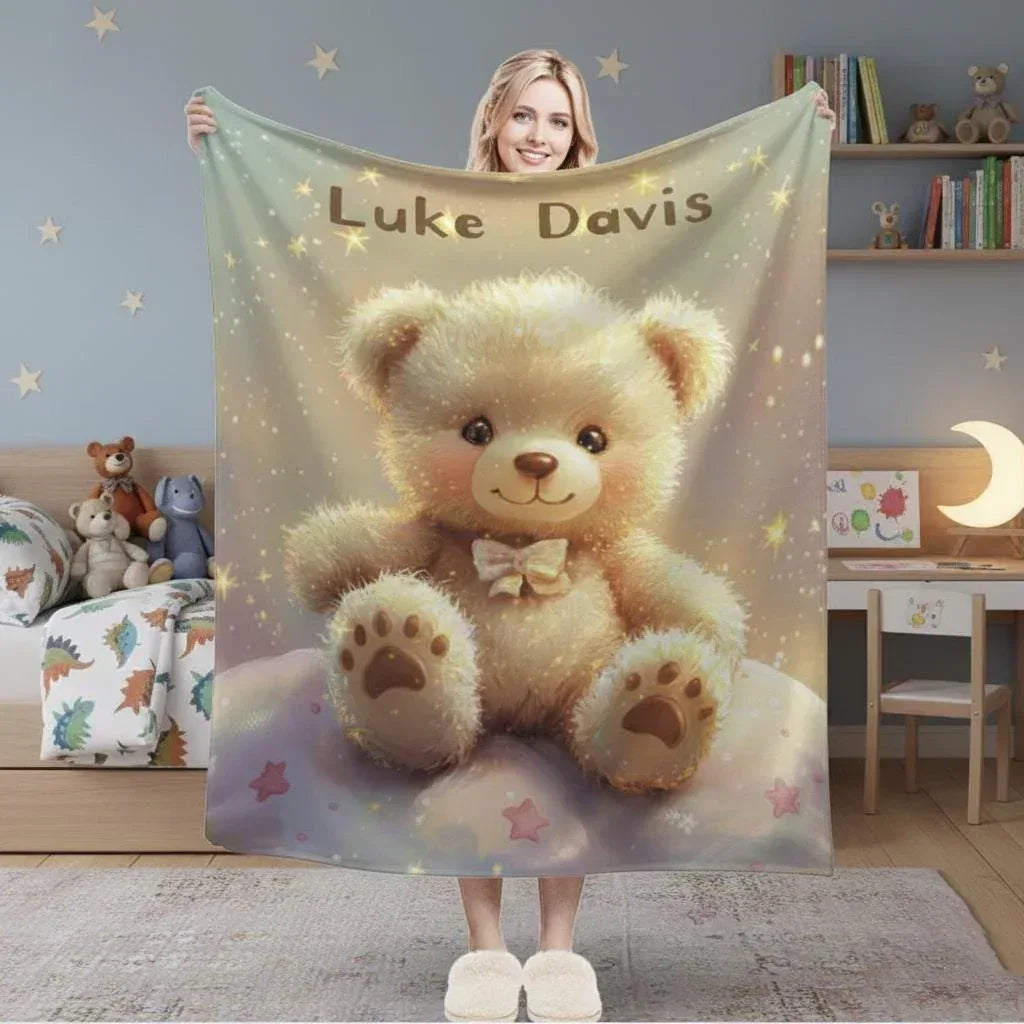 Personalized Teddy Bear Blanket | Custom Name | Pastel Paw-Print Star Fleece Throw Gift