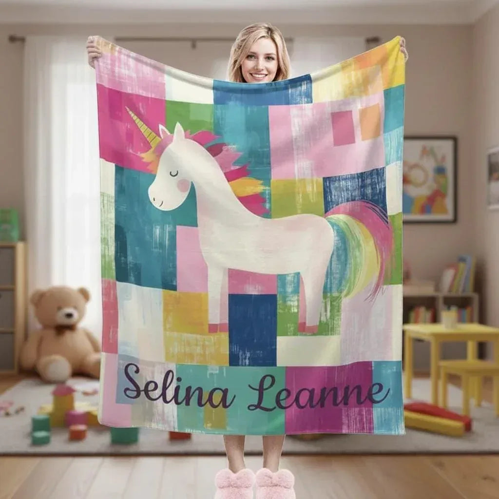 Personalized Unicorn Blanket | Custom Name | Rainbow Mane Color-Block Fleece Throw Gift