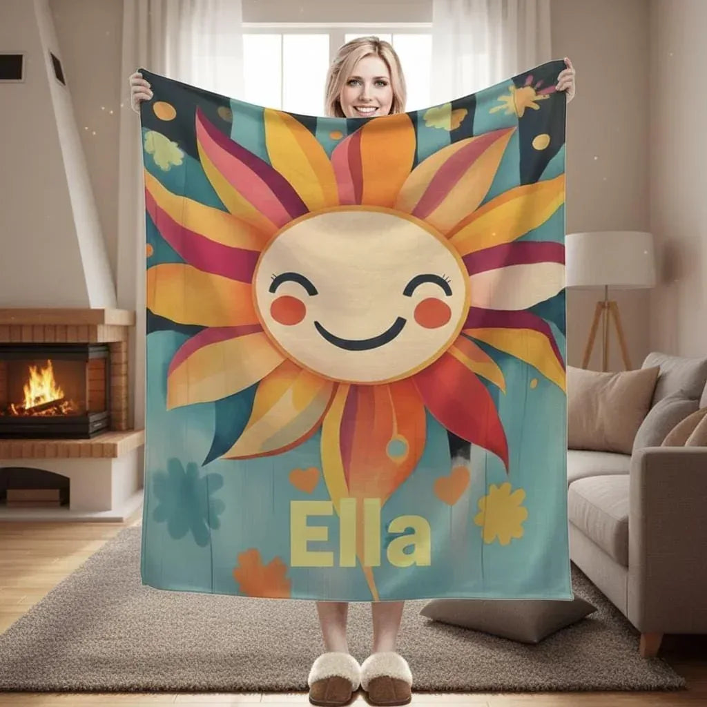 Personalized Sunshine Blanket | Custom Name | Smiling Cartoon Sun Sunflower Teal Bold Yellow Name Fleece Throw Gift