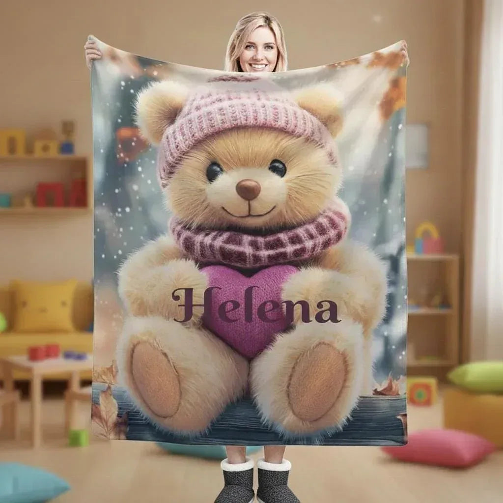Personalized Snow Teddy Bear Blanket | Custom Name | Winter Bear Heart Fleece Throw Gift