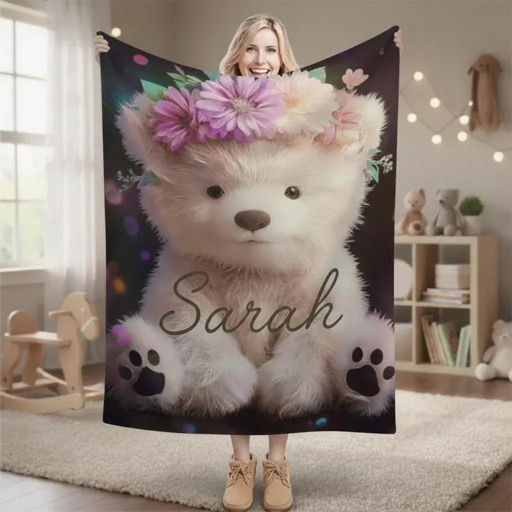 Personalized Teddy Bear Blanket | Custom Name | Purple Floral Crown Fleece Throw Gift