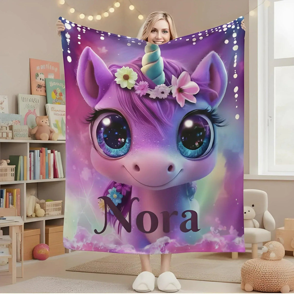 Personalized Unicorn Blanket | Custom Name | Cute Baby Unicorn Galaxy Eyes Floral Crown Purple Magic Fleece Throw Gift
