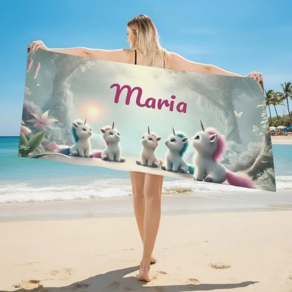Personalized Unicorn Beach Towel | Custom Name | Pink Woodland Unicorn Microfiber Gift