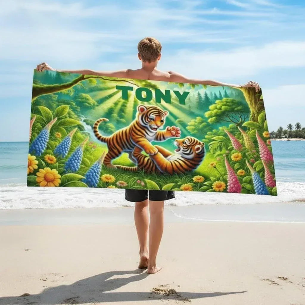 Personalized Tiger Beach Towel | Custom Name | Baby Tiger Cubs Jungle Adventure Microfiber Swim Towel