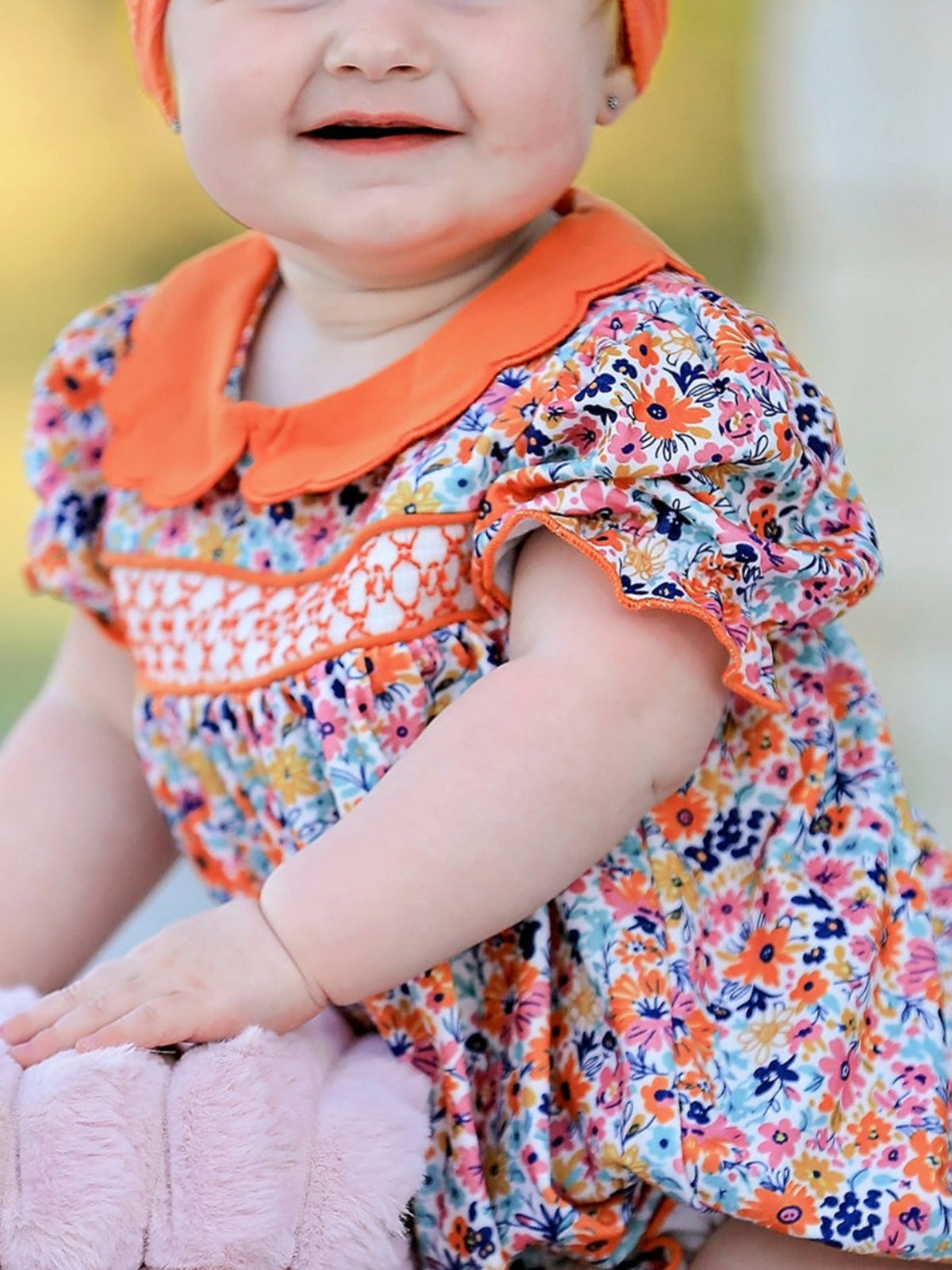 Rylee Faith Designs - Fall Floral Smocked Petals Collar Girls Bubble Romper - alternate view 3