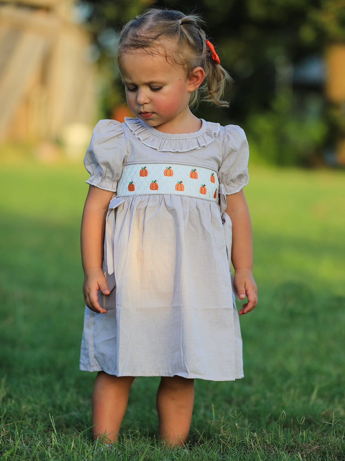 Rylee Faith Designs - Fall Thanksgiving Pumpkin Embroidery Smock Plaid Girls Dress - alternate view 7