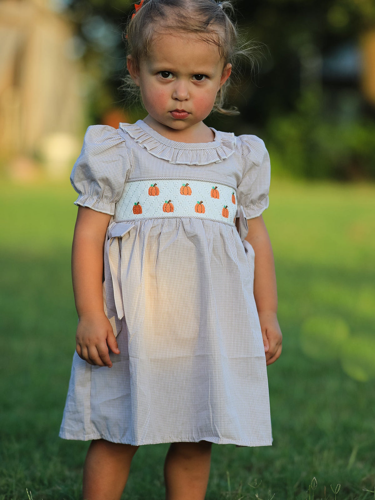 Rylee Faith Designs - Fall Thanksgiving Pumpkin Embroidery Smock Plaid Girls Dress - alternate view 6