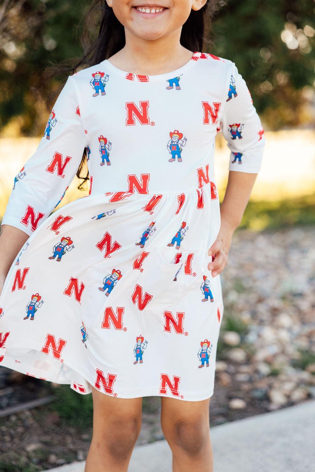 Nebraska White Herbie Husker 3/4 Sleeve Pocket Twirl Dress - Image 2