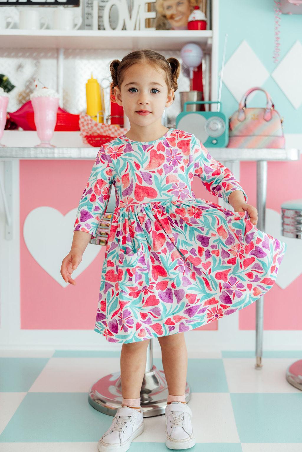 Watercolor Hearts 3/4 Sleeve Pocket Twirl Dress - Image 4