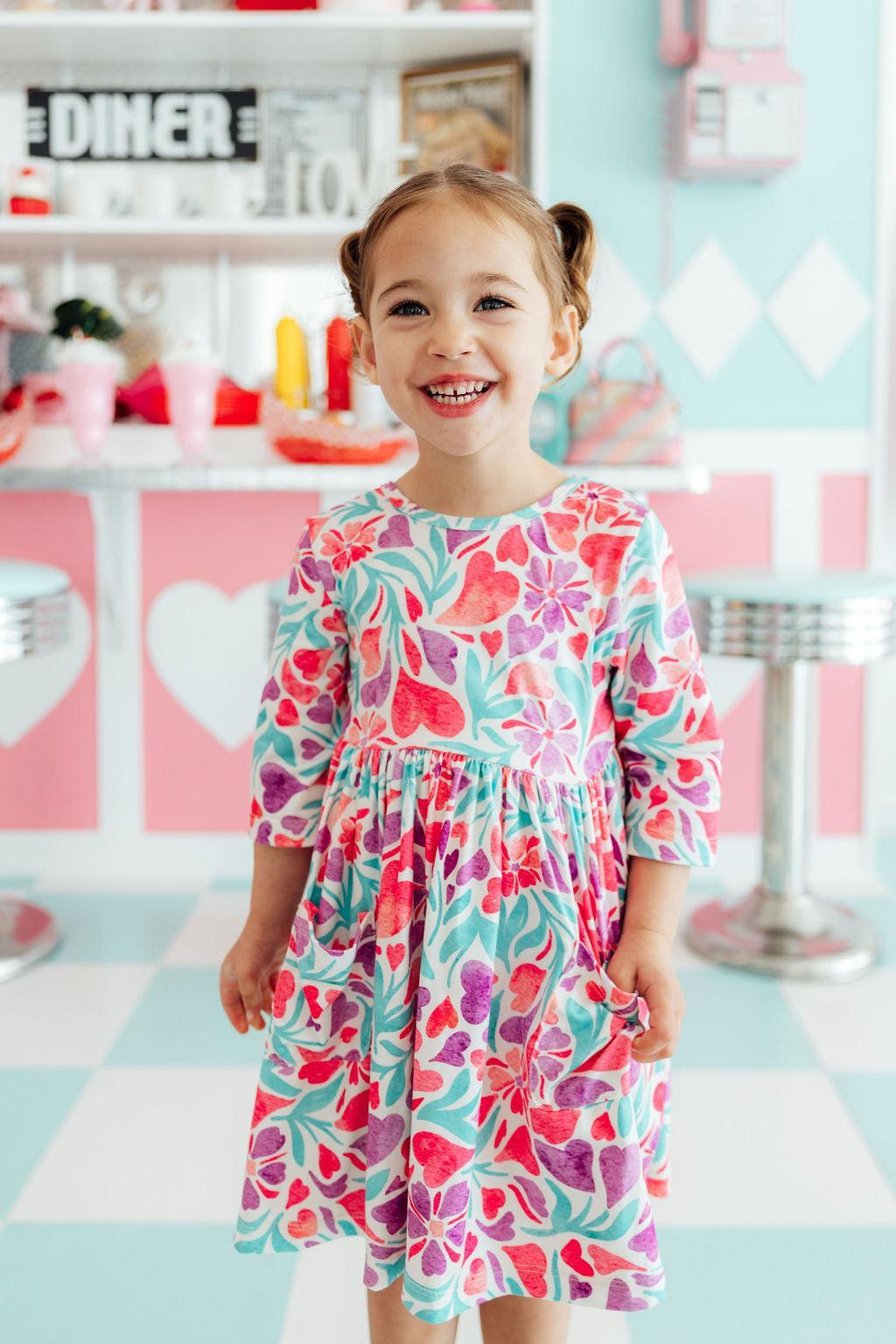 Watercolor Hearts 3/4 Sleeve Pocket Twirl Dress - Image 11