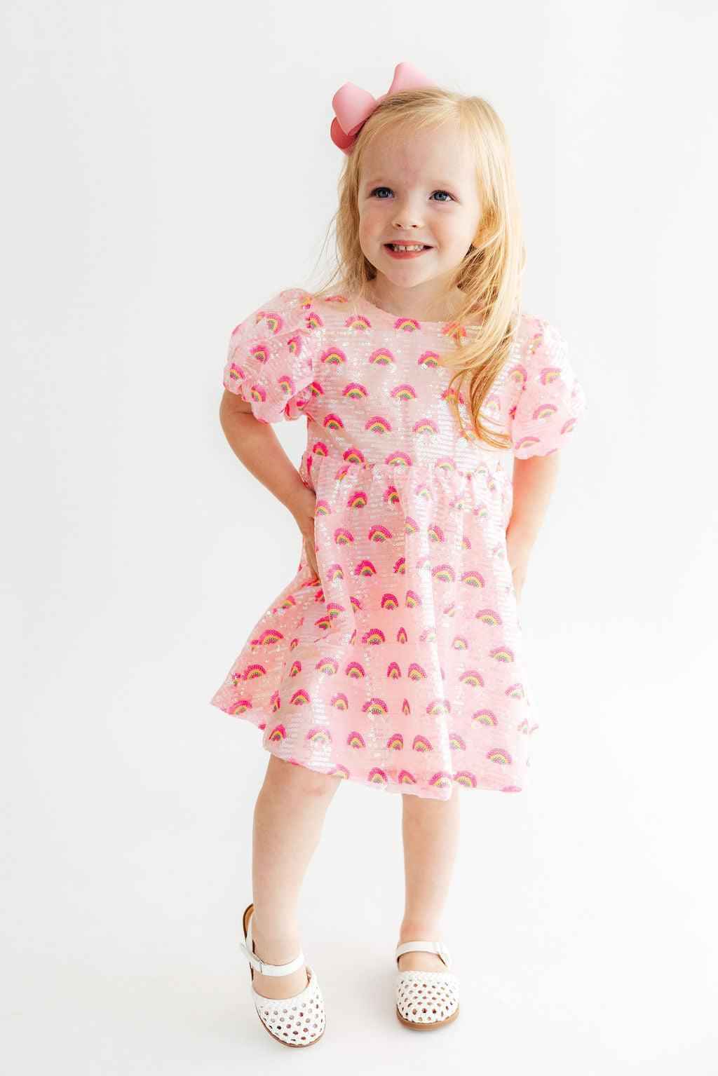 Pink Rainbow Puff Sleeve Sequin Dress