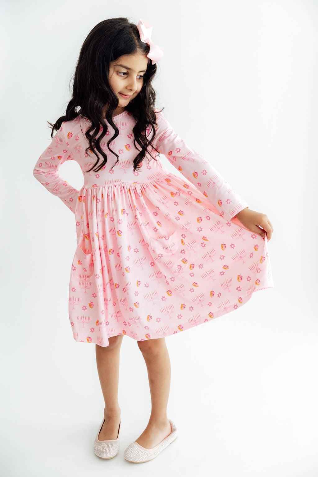 Pink Dreidel Darling L/S Pocket Twirl Dress