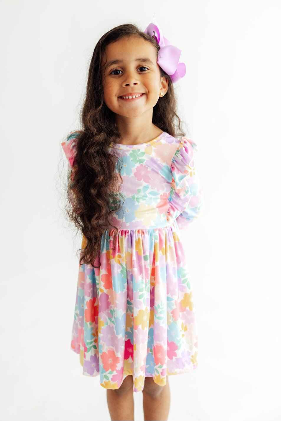 Colorful Carnations 3/4 Sleeve Ruffle Twirl Dress