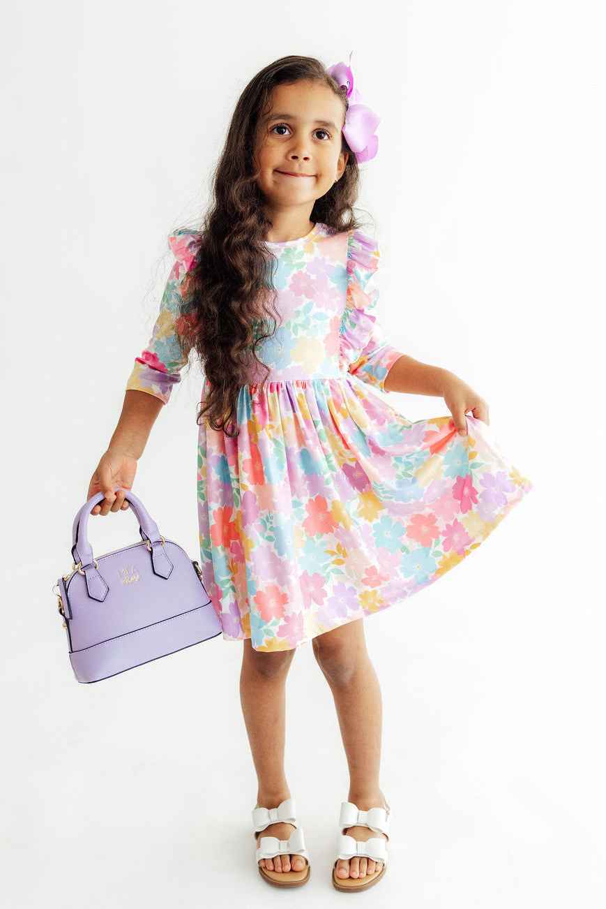 Colorful Carnations 3/4 Sleeve Ruffle Twirl Dress