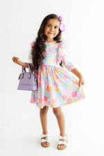 Colorful Carnations 3/4 Sleeve Ruffle Twirl Dress