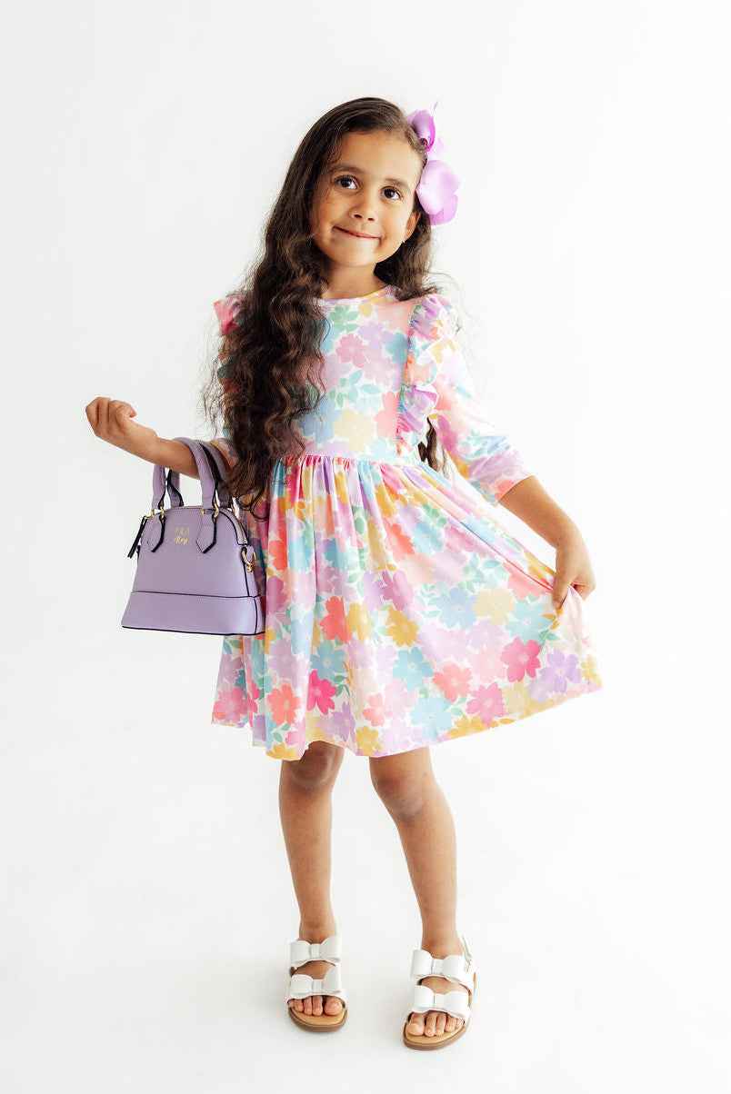 Colorful Carnations 3/4 Sleeve Ruffle Twirl Dress