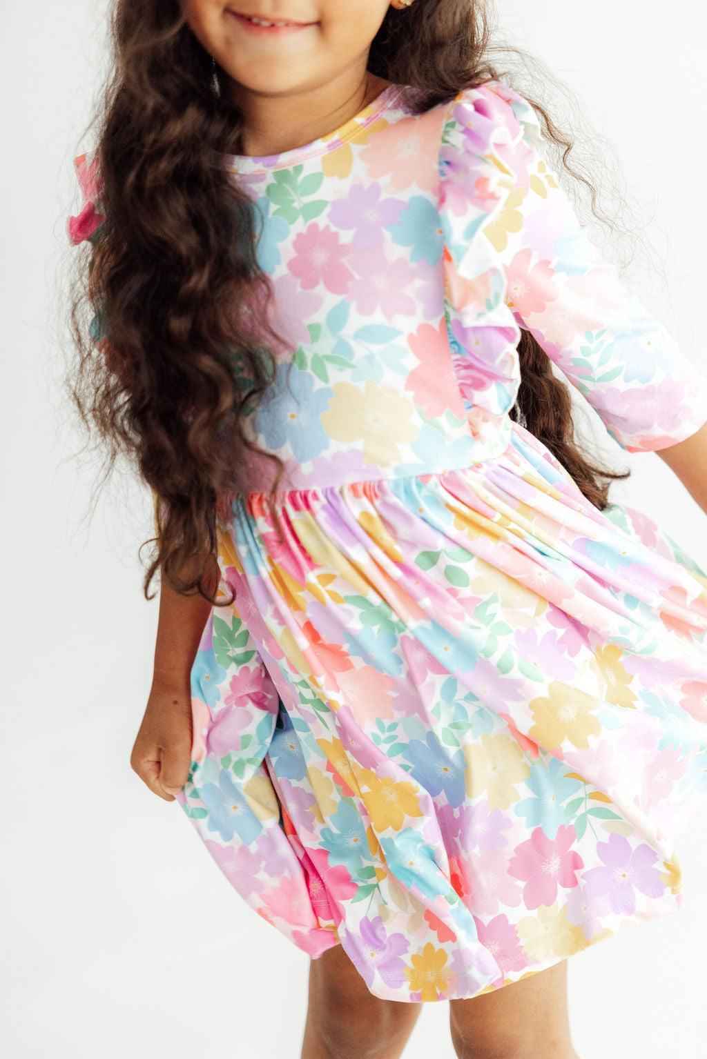 Colorful Carnations 3/4 Sleeve Ruffle Twirl Dress