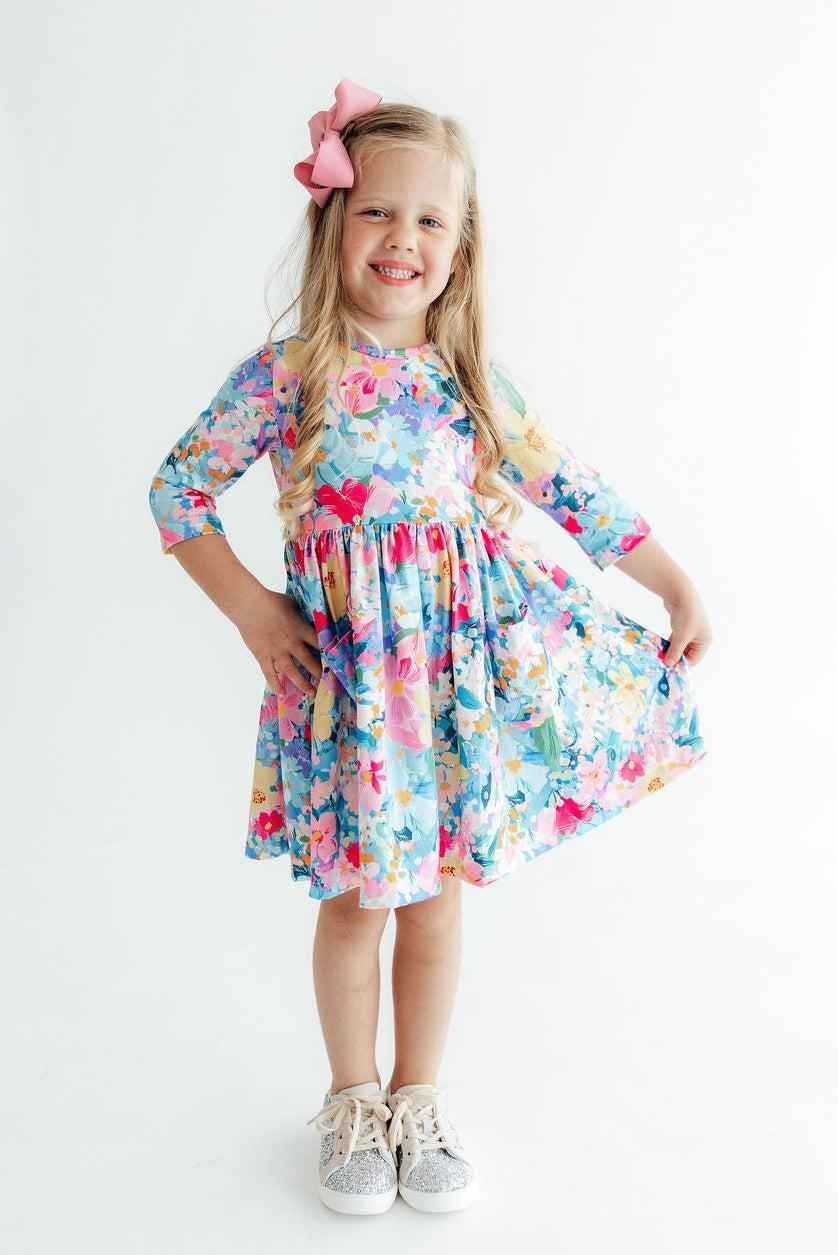 Flower Market 3/4 Sleeve Pocket Twirl Dress