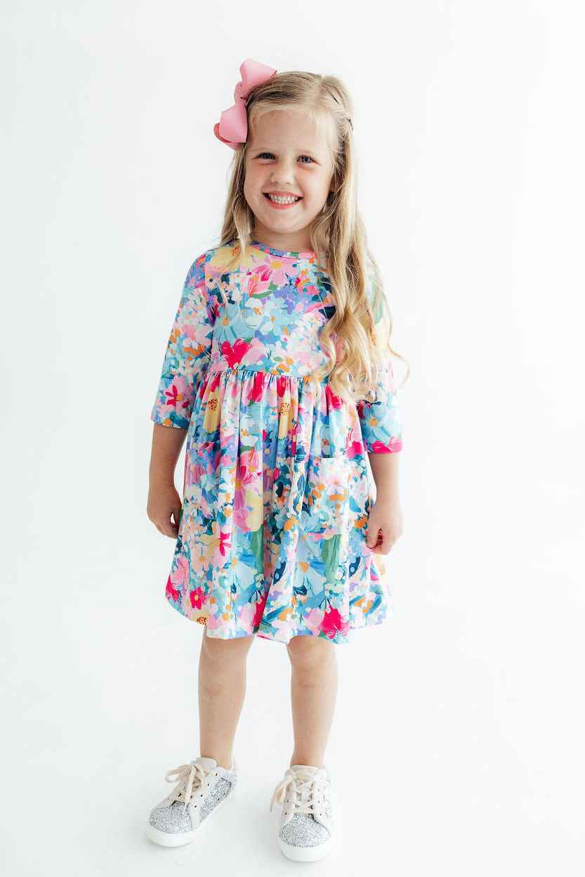 Flower Market 3/4 Sleeve Pocket Twirl Dress
