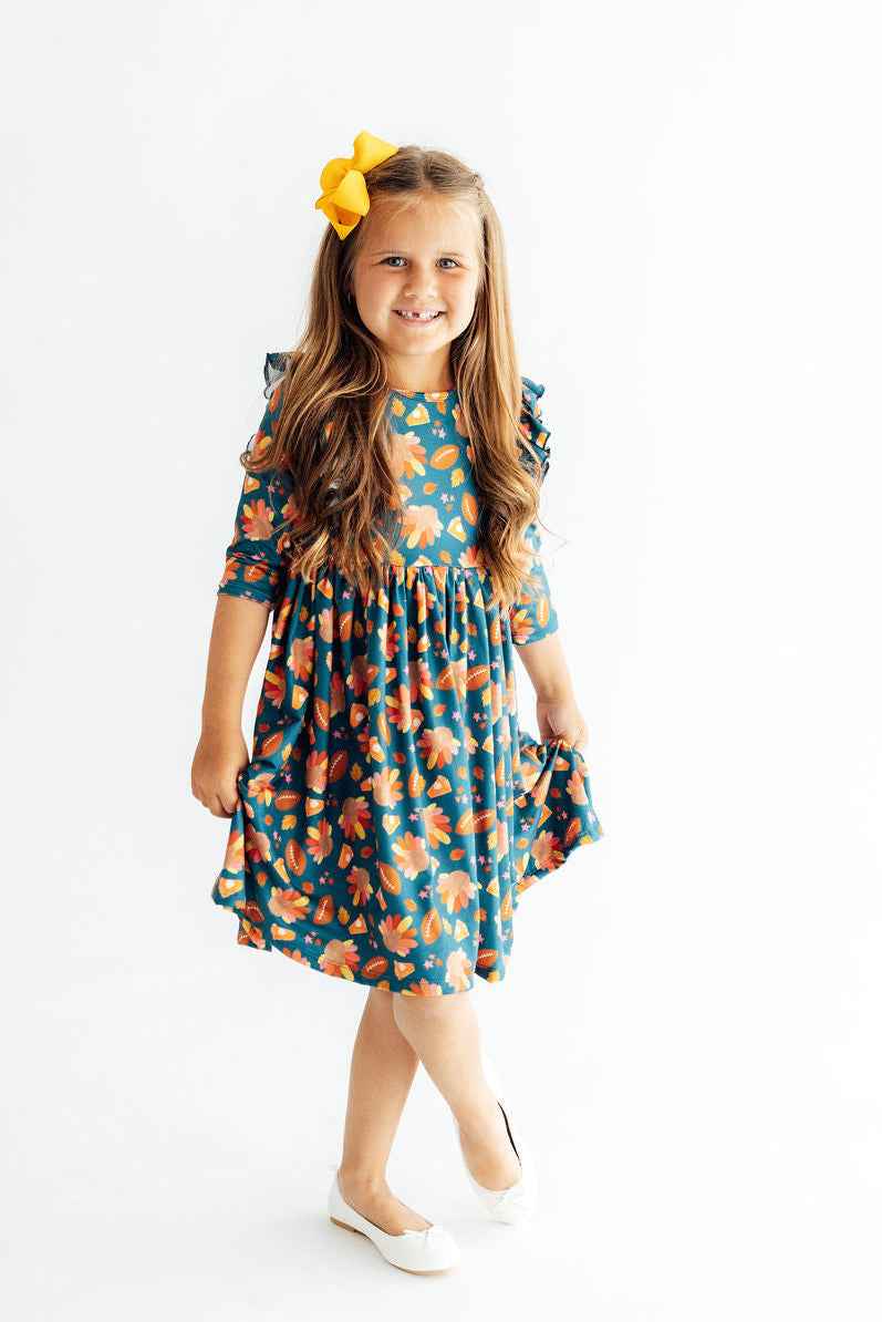 Gobble til You Wobble 3/4 Sleeve Ruffle Twirl Dress