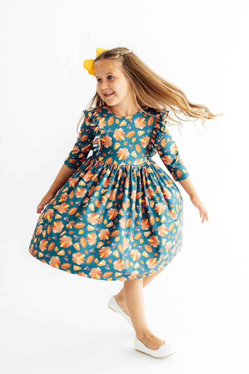 Gobble til You Wobble 3/4 Sleeve Ruffle Twirl Dress