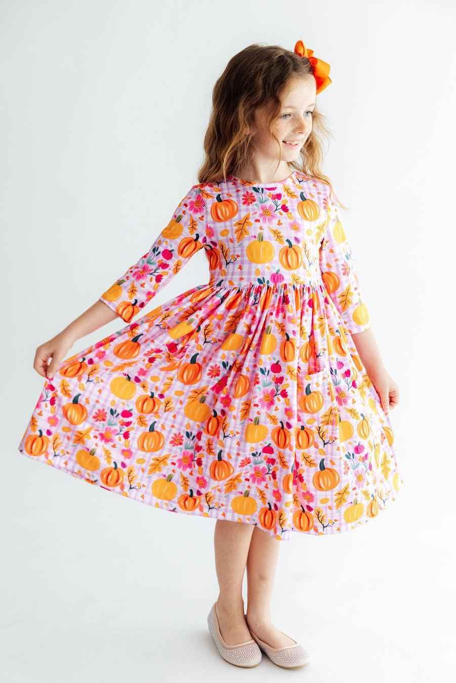 Pumpkin Party 3/4 Sleeve Pocket Twirl Dress