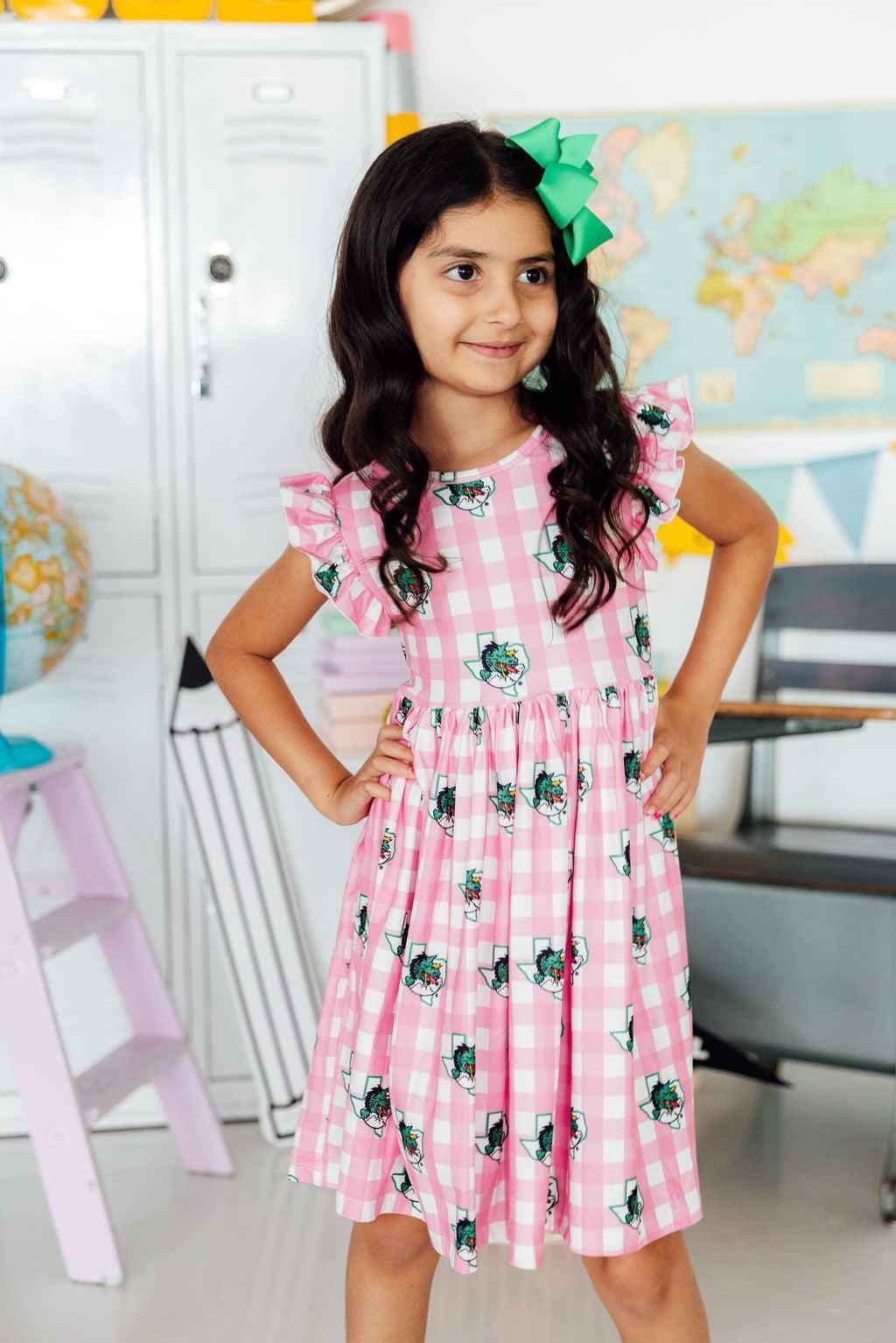 Southlake Carroll Gingham Dragons Flutter Twirl Dress