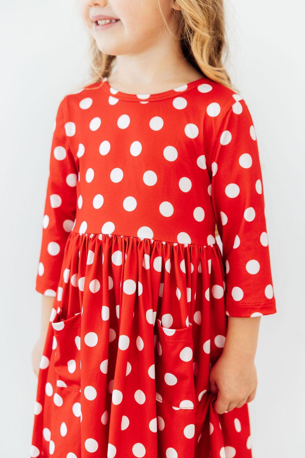Red Polka Dots 3/4 Sleeve Pocket Twirl Dress - Image 3