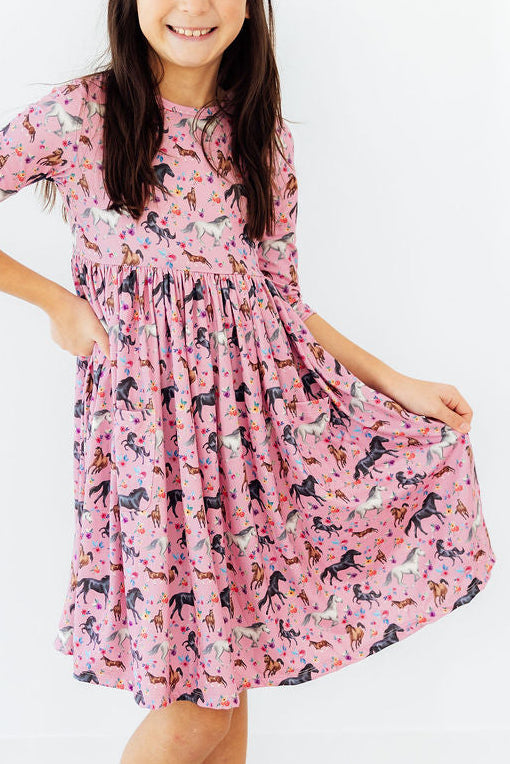 Petals & Ponies 3/4 Sleeve Pocket Twirl Dress - Image 2
