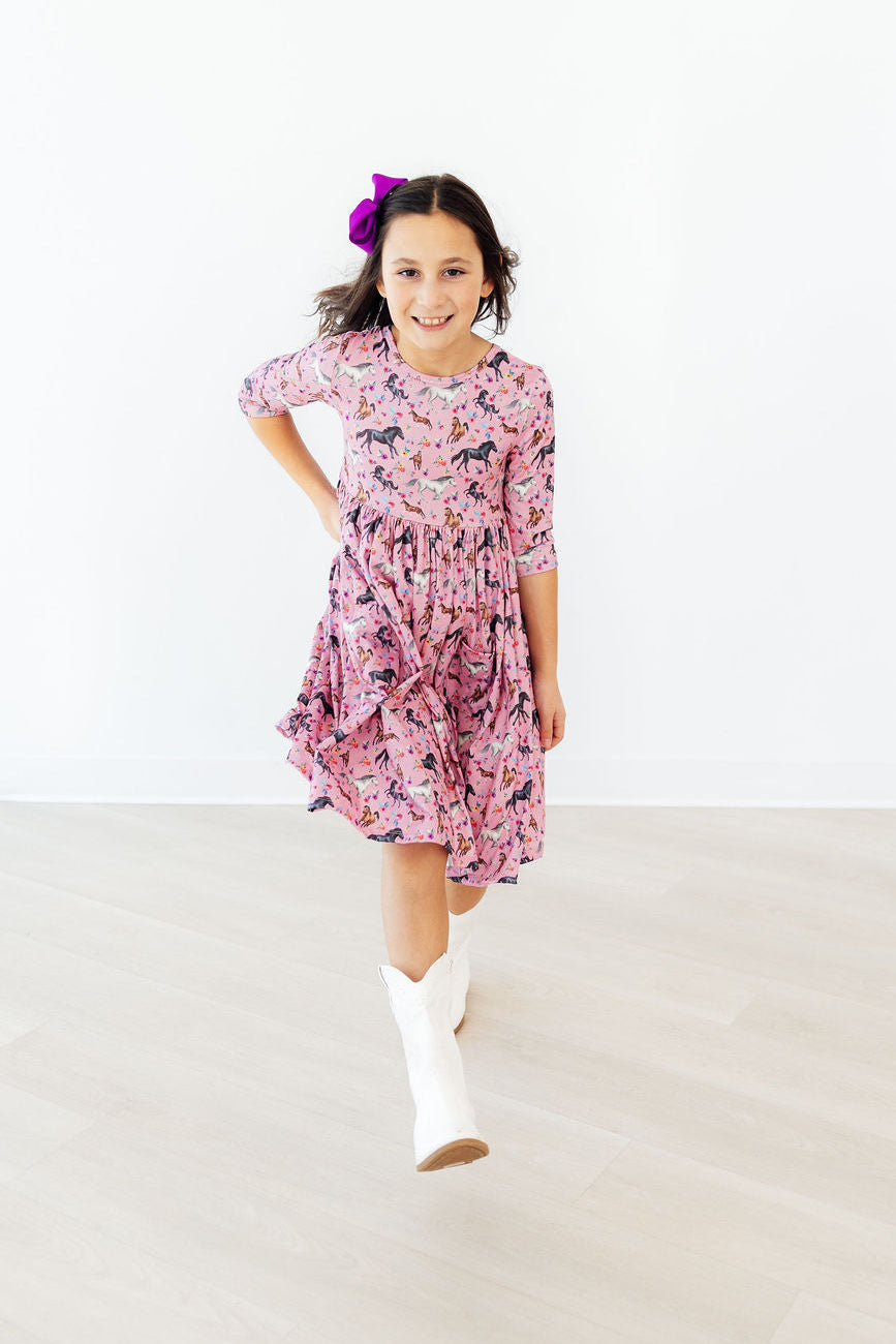 Petals & Ponies 3/4 Sleeve Pocket Twirl Dress - Image 3