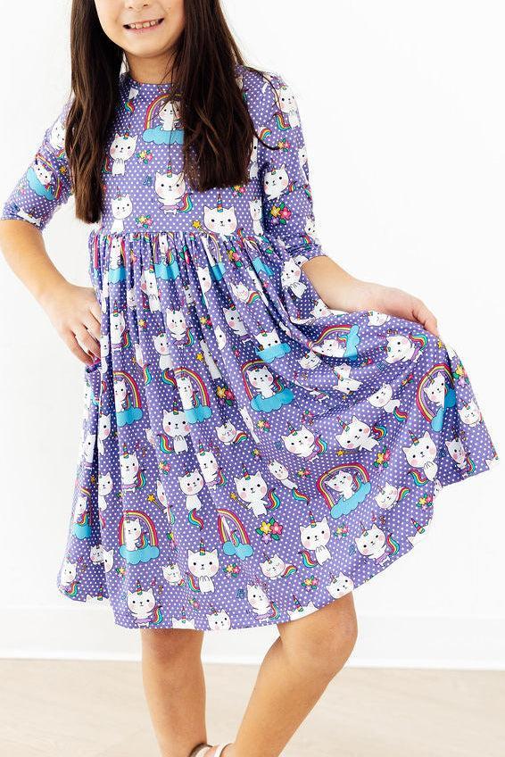 Kitties in the Clouds 3/4 Sleeve Pocket Twirl Dress - Image 3