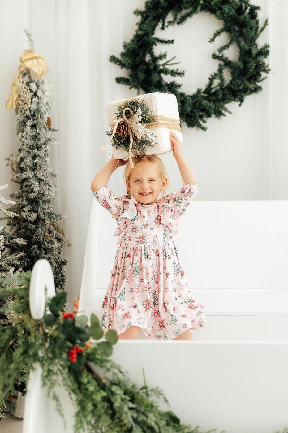 Pink Christmas 3/4 Sleeve Ruffle Twirl Dress - Image 2