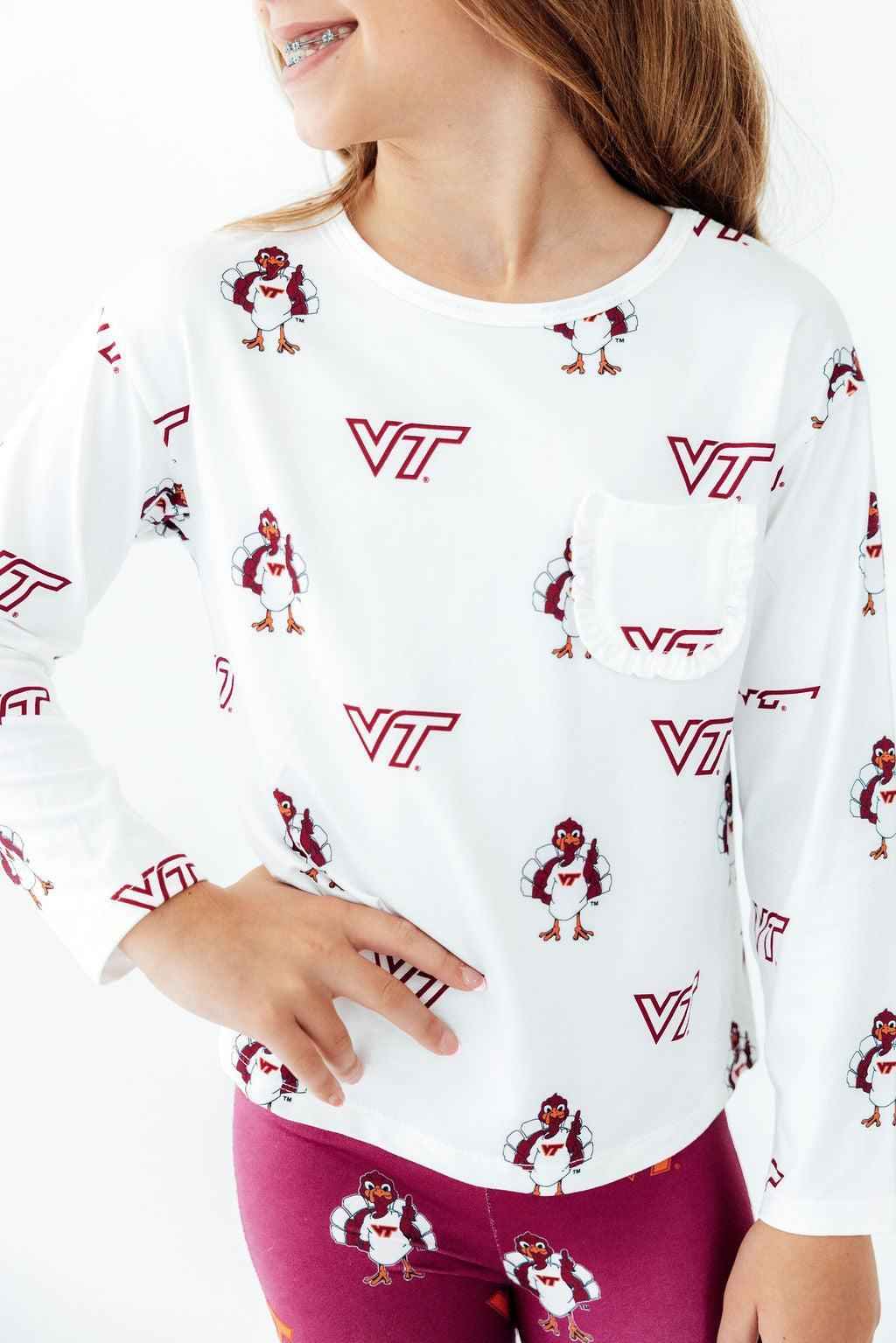 Virginia Tech White Hokie L/S Ruffle Pocket Tee