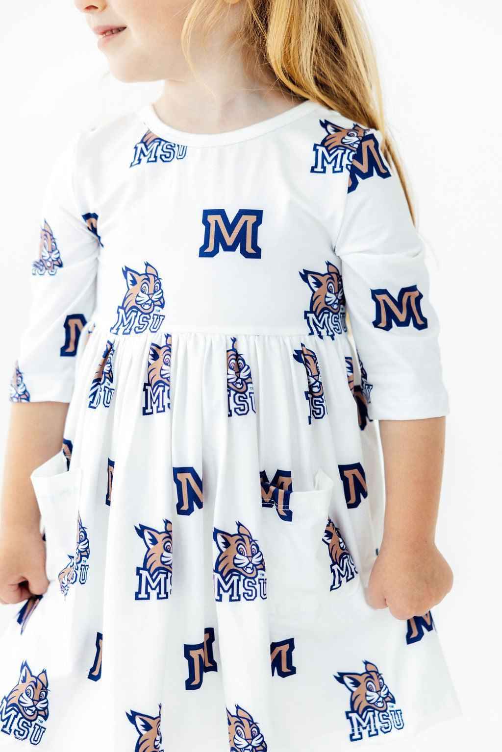 Montana State University White Bobcat 3/4 Sleeve Pocket Twirl Dress