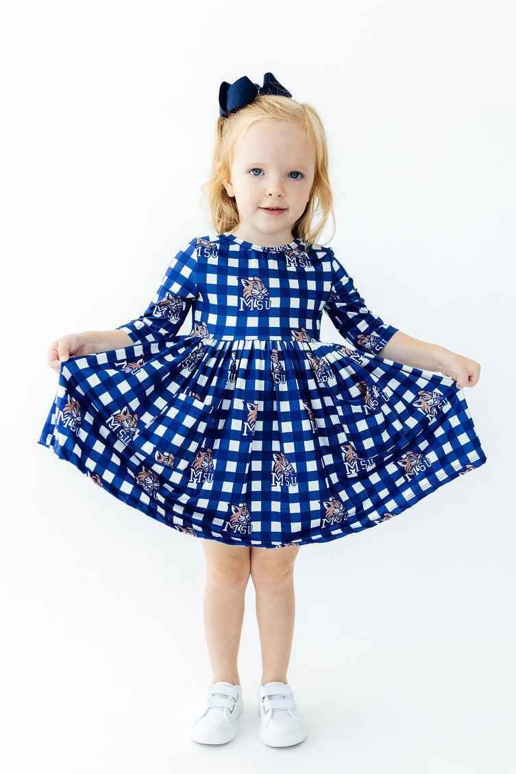 Montana State University Plaid Bobcat 3/4 Sleeve Pocket Twirl Dress
