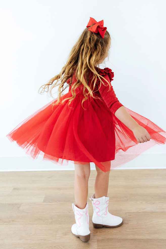Red Shimmer 3/4 Sleeve Tutu Dress