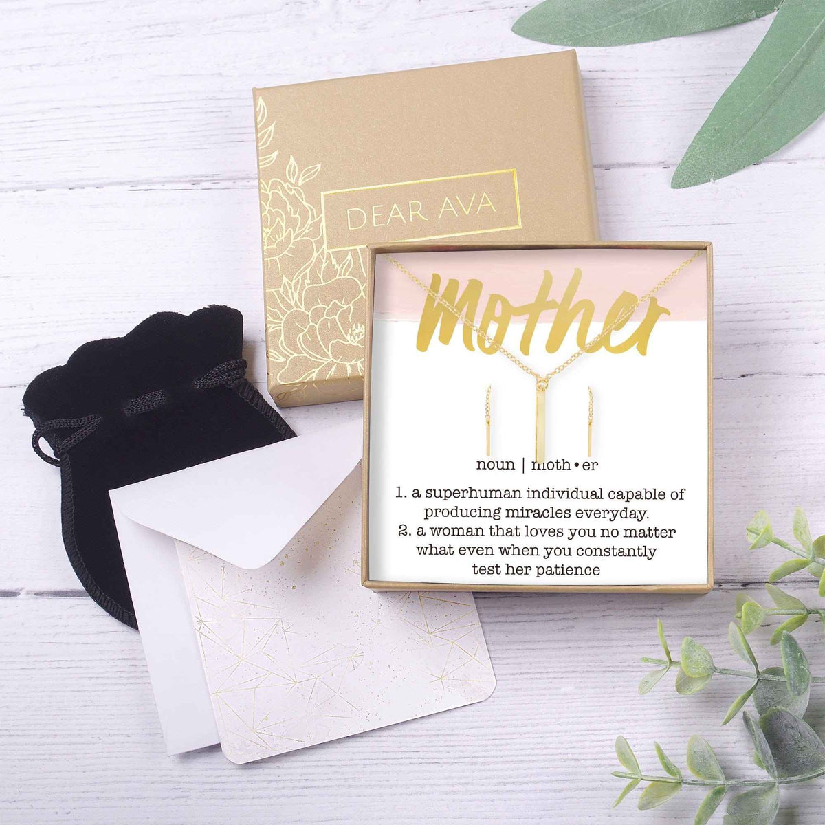 Mother Gold Bar Earring Threader and Necklace Jewelry Set