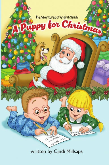 Illustrated book cover for 'A Puppy for Christmas' from 'The Adventures of Andy & Sandy', showing Santa Claus in a sleigh with a puppy beside a decorated Christmas tree, with two children writing holiday wishes in the foreground.