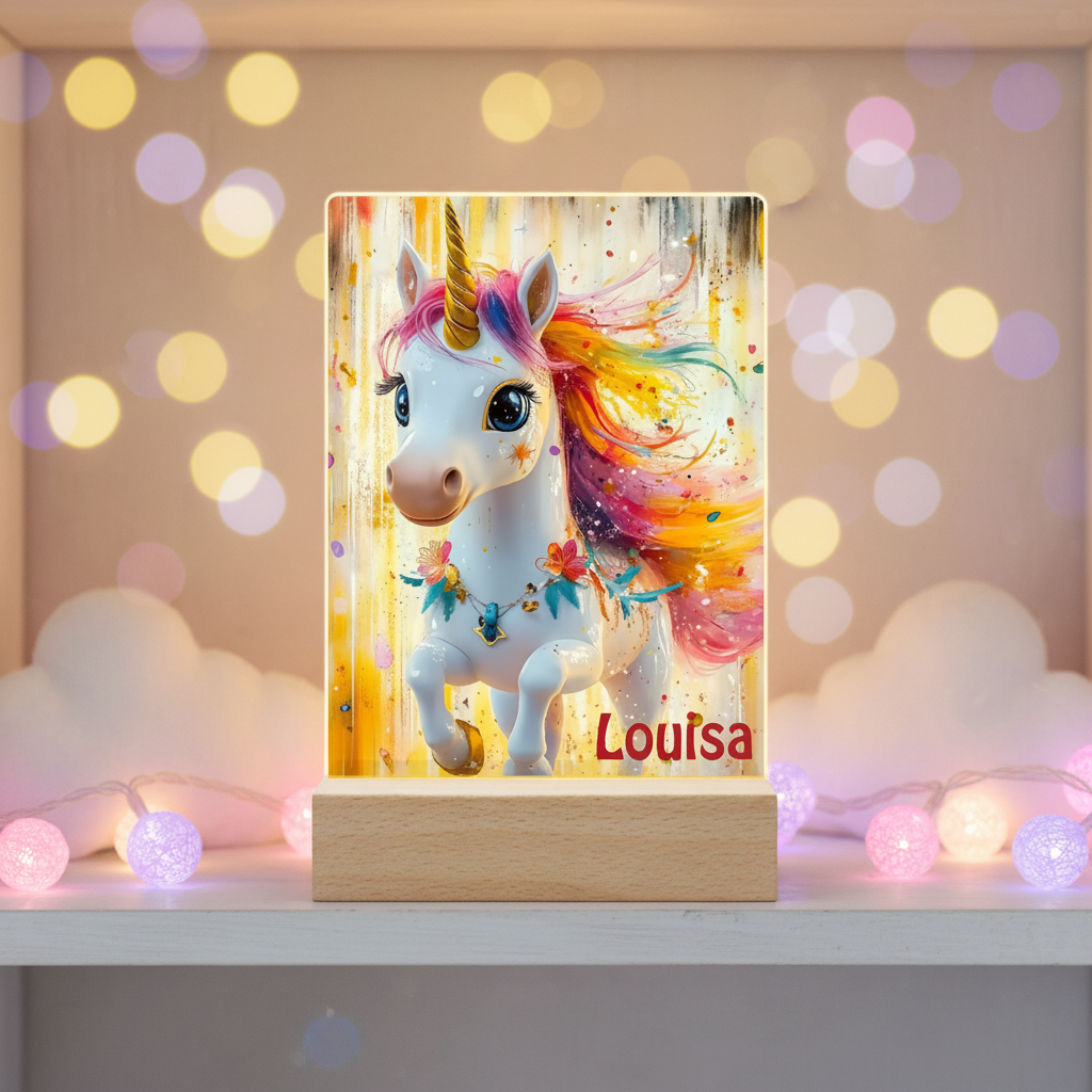 Personalized Unicorn Night Light with Name | Kawaii Baby Unicorn, Rainbow Mane, Flower Garland, Golden Watercolor Background | Beech Wood Base | Gift for Girls