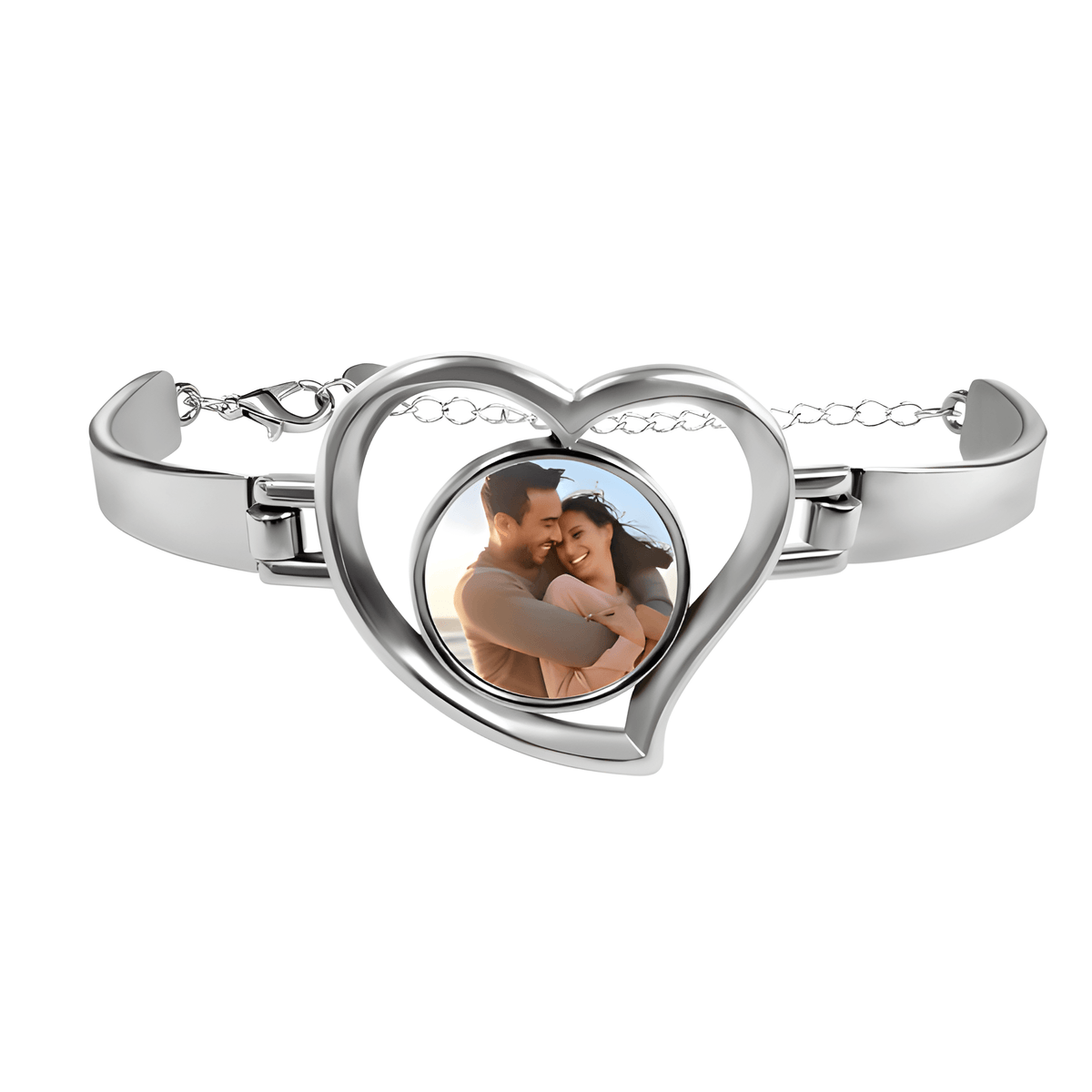 Custom Photo Heart Bangle Bracelet | Personalized Round Photo Charm in Open Heart | Silver