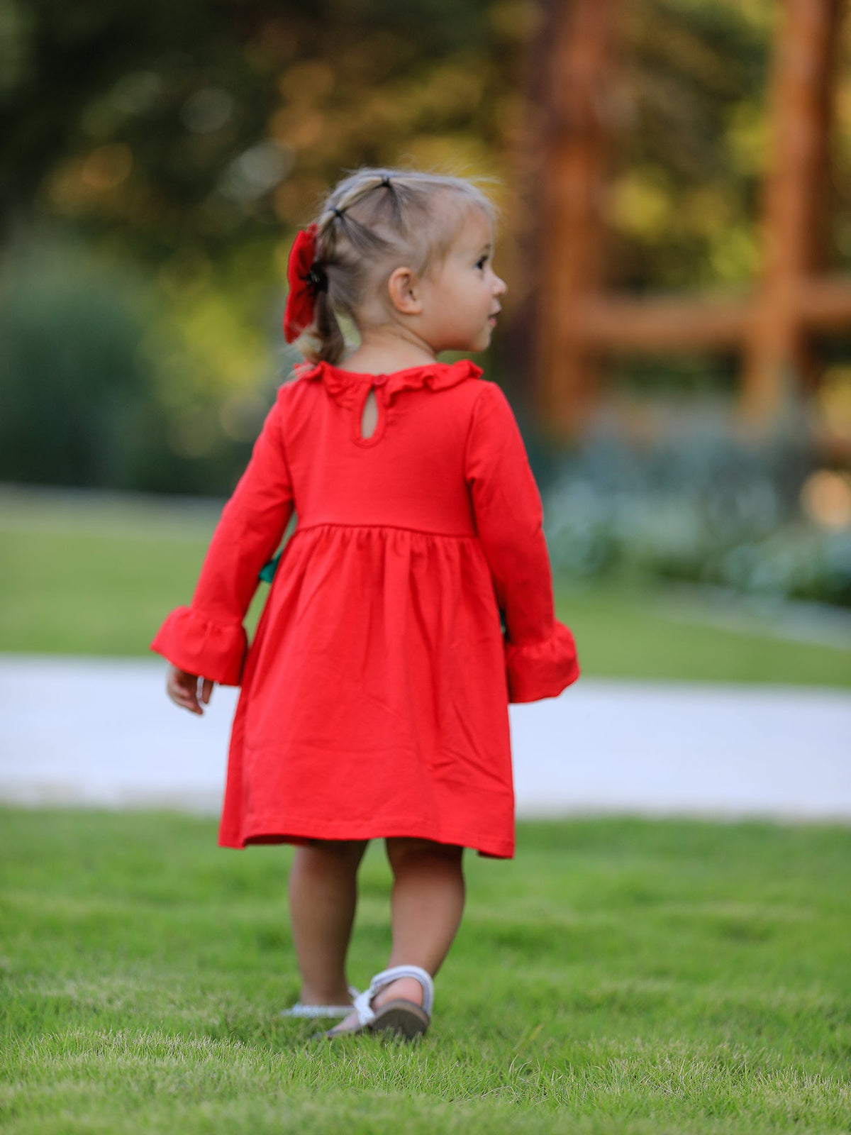 Rylee Faith Designs - Christmas Smocked Dress with Green Bow and Tree Embroidery - alternate view 6