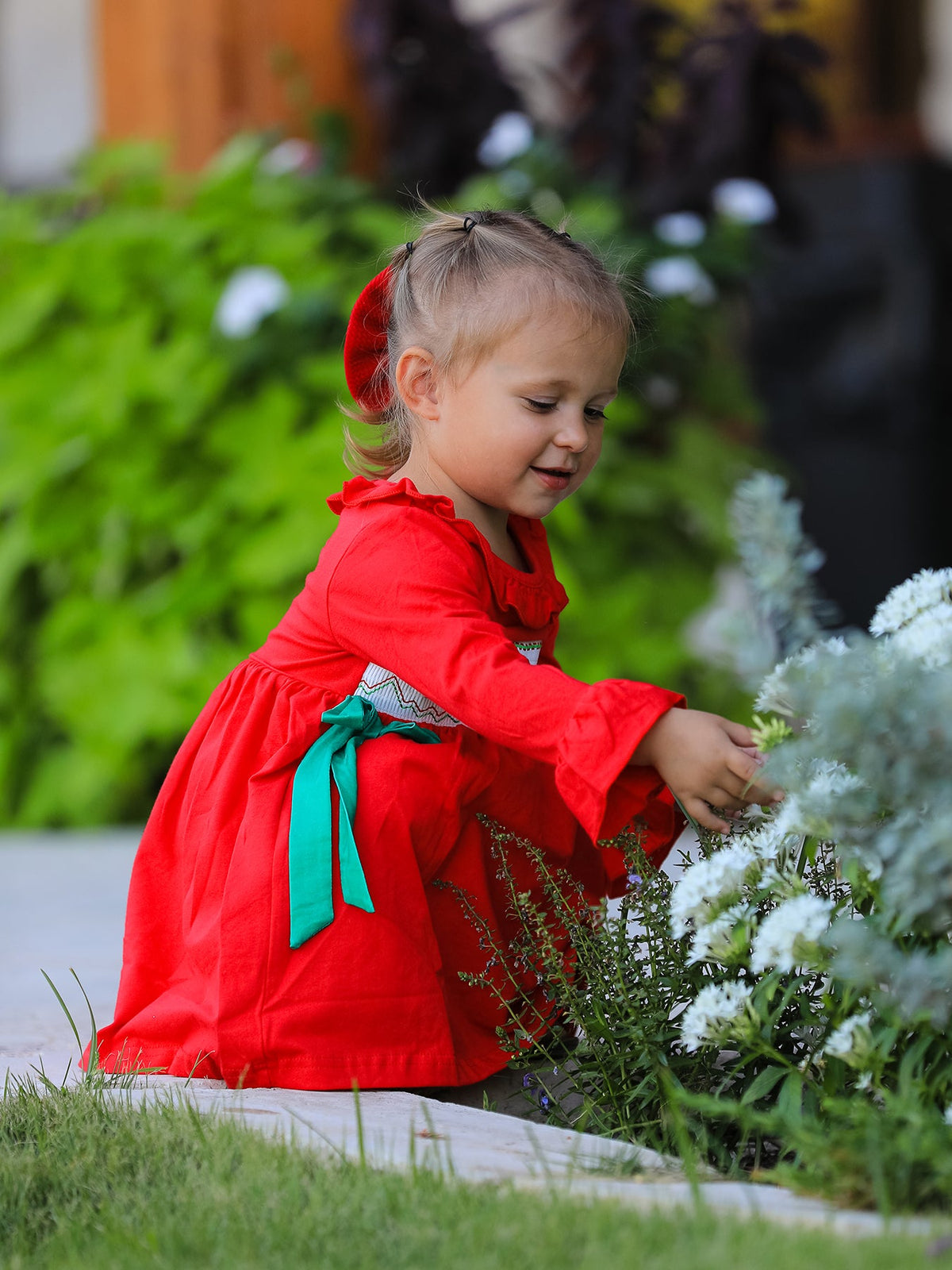 Rylee Faith Designs - Christmas Smocked Dress with Green Bow and Tree Embroidery - alternate view 3