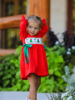 Rylee Faith Designs - Christmas Smocked Dress with Green Bow and Tree Embroidery