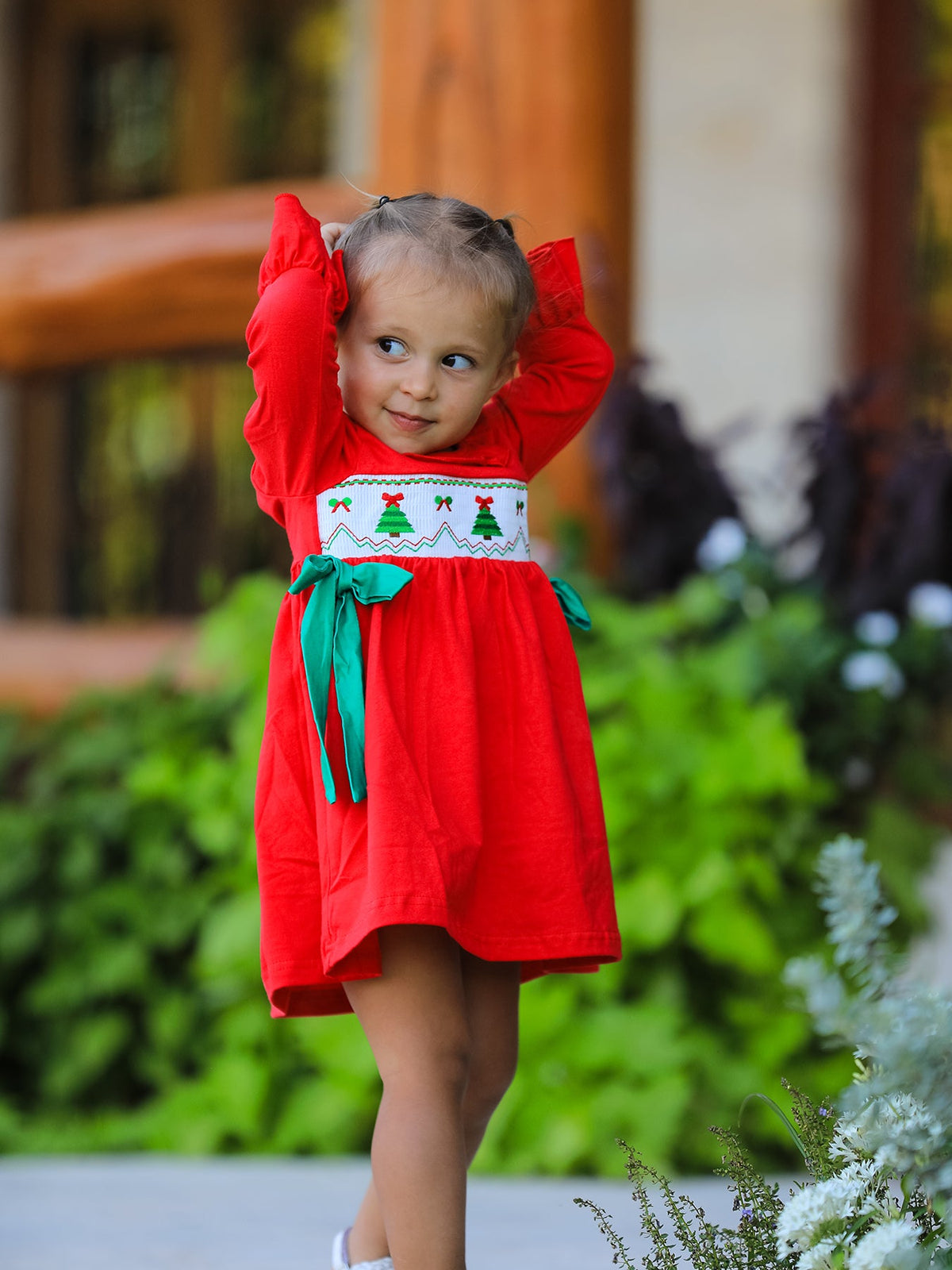 Rylee Faith Designs - Christmas Smocked Dress with Green Bow and Tree Embroidery