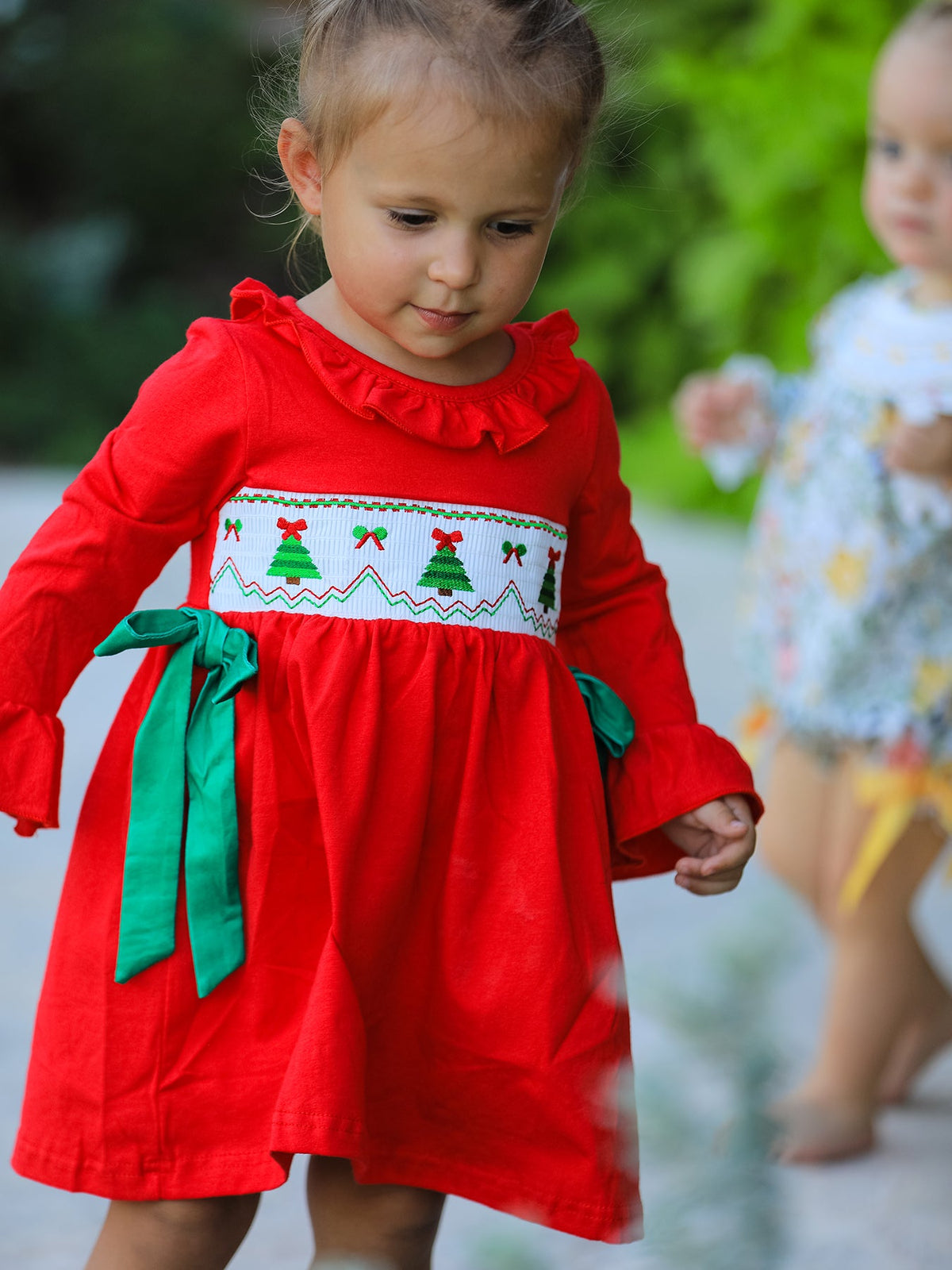 Rylee Faith Designs - Christmas Smocked Dress with Green Bow and Tree Embroidery - alternate view 2
