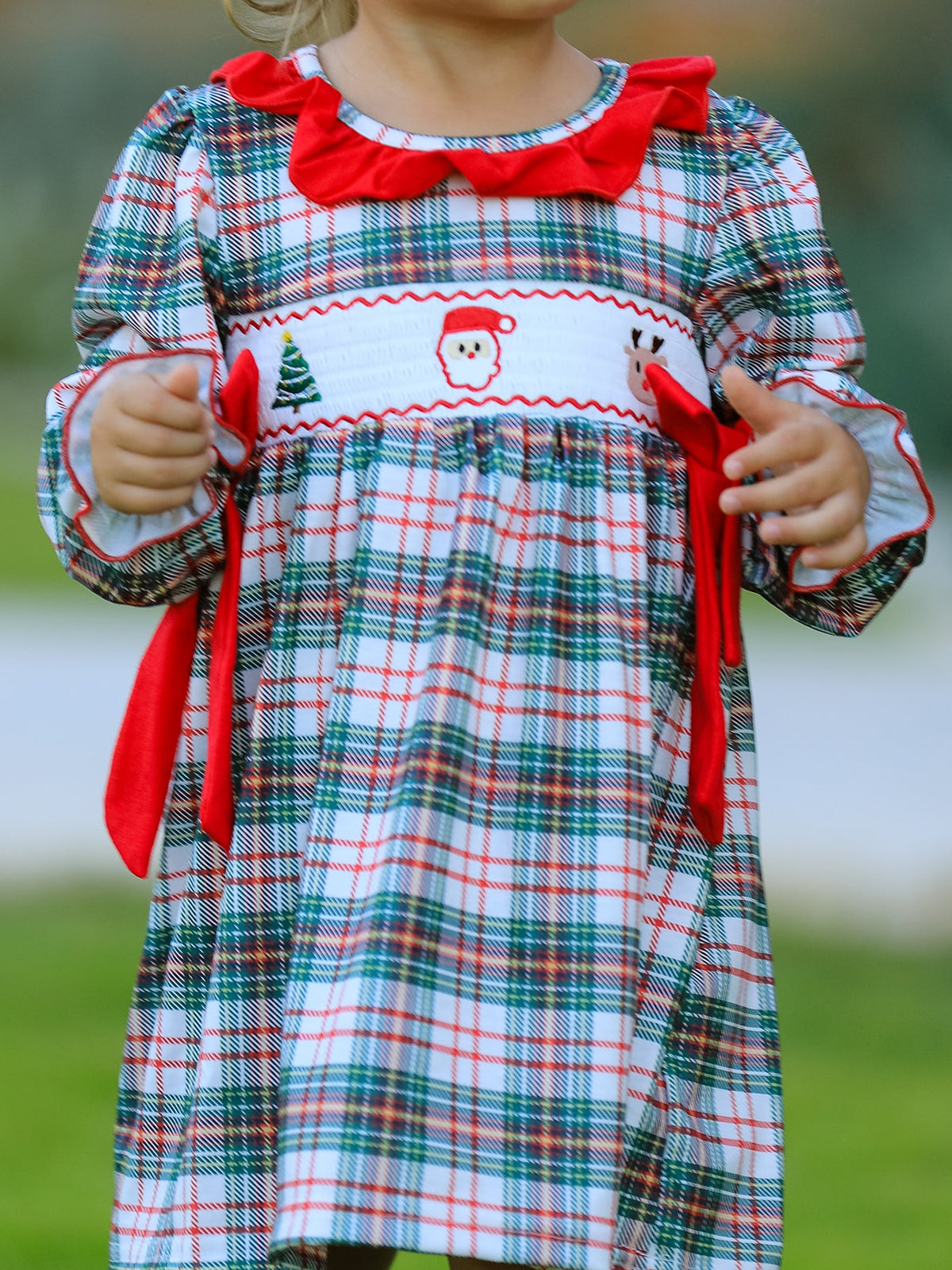 Rylee Faith Designs - Christmas Embroidery Smocking Bow Plaid Girls Dress - alternate view 2