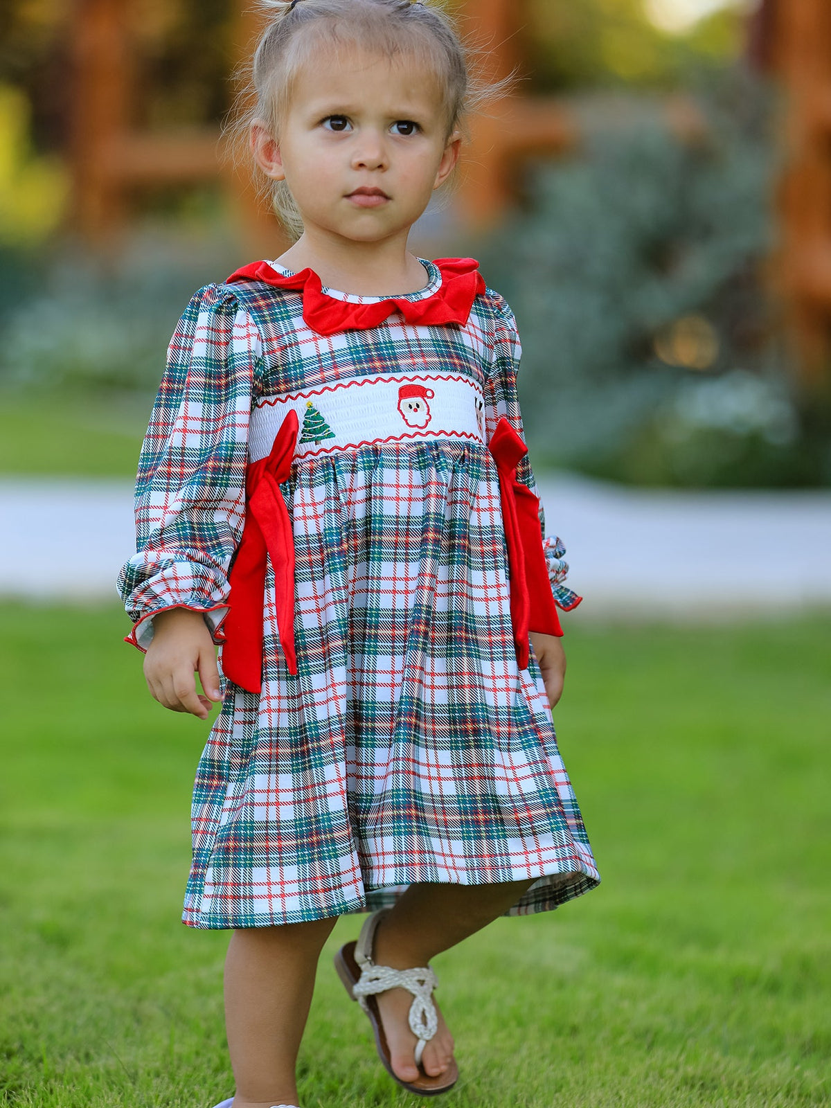 Rylee Faith Designs - Christmas Embroidery Smocking Bow Plaid Girls Dress