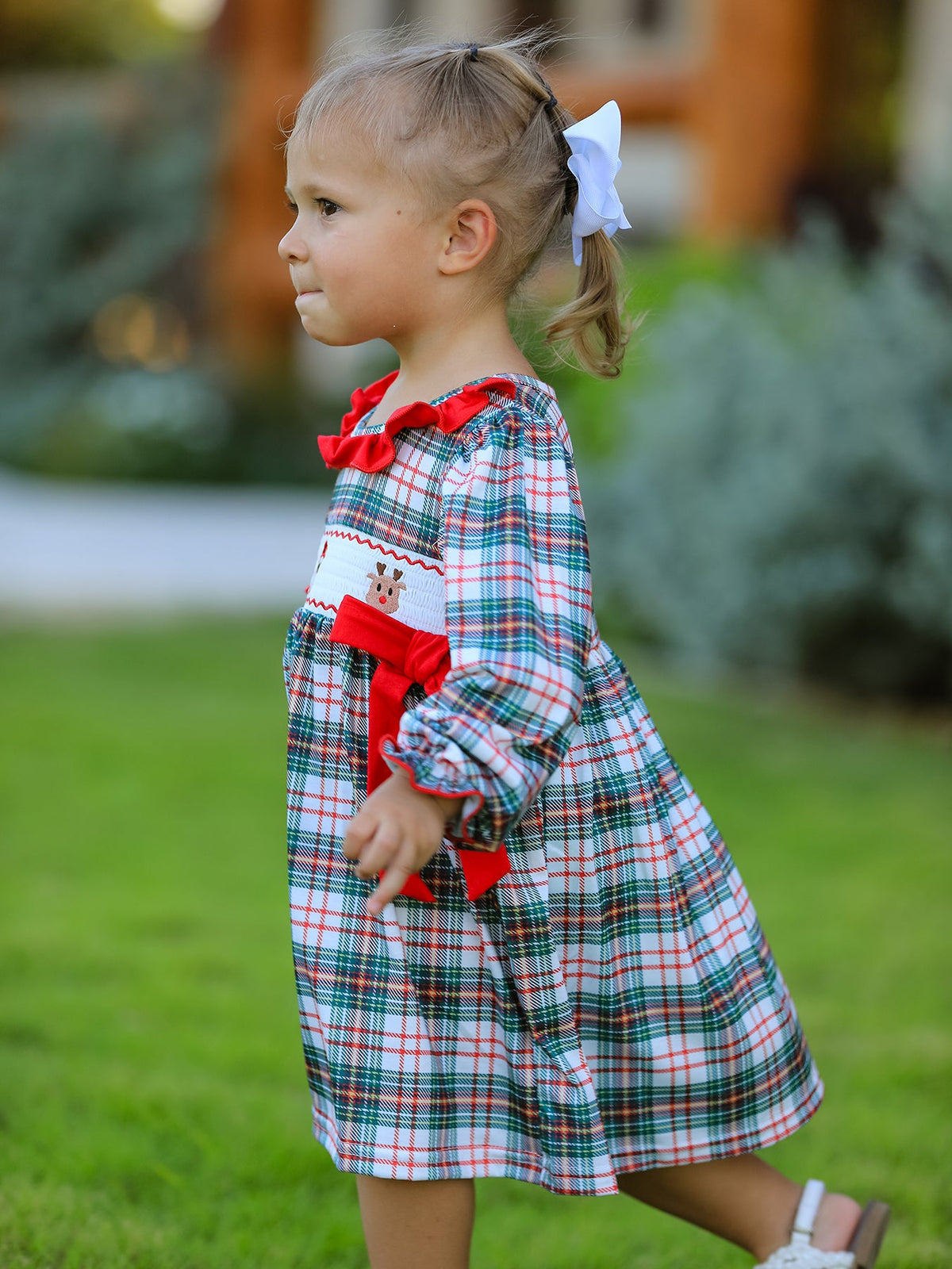 Rylee Faith Designs - Christmas Embroidery Smocking Bow Plaid Girls Dress - alternate view 3