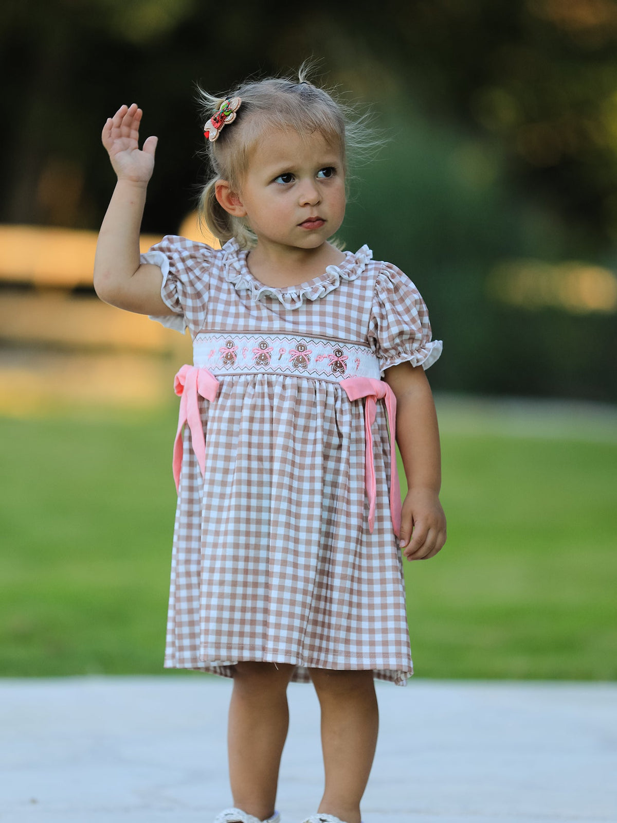 Rylee Faith Designs - Christmas Vintage-Style Plaid Dress with Embroidered Gingerbread and Bows