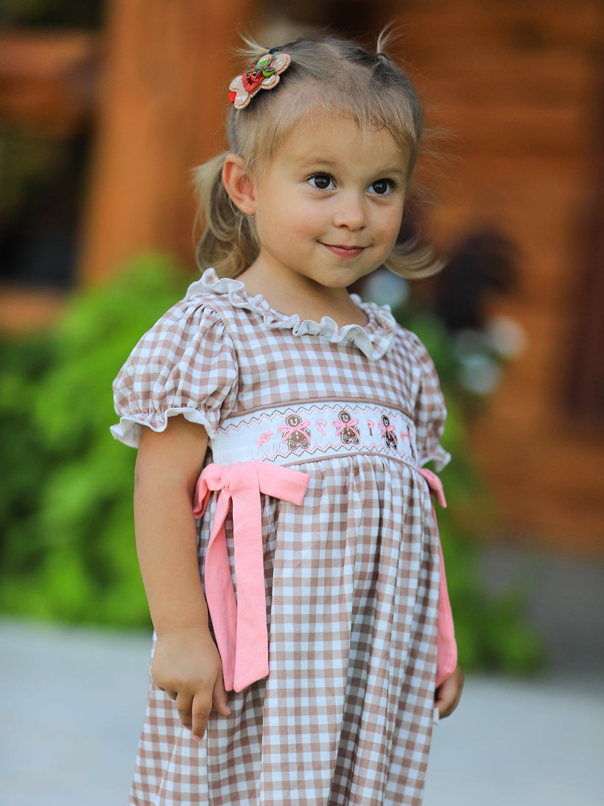 Rylee Faith Designs - Christmas Vintage-Style Plaid Dress with Embroidered Gingerbread and Bows - alternate view 2
